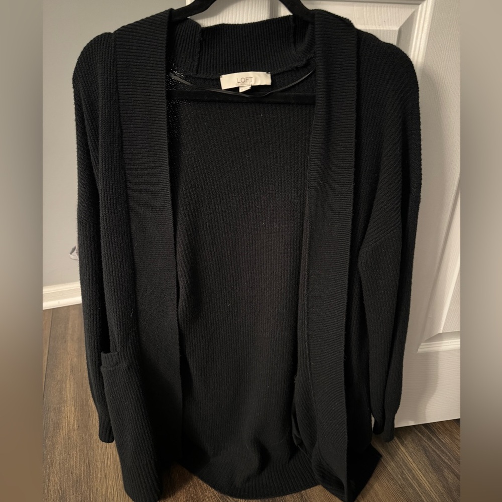 LOFT Black Open-Front Ribbed Cardigan